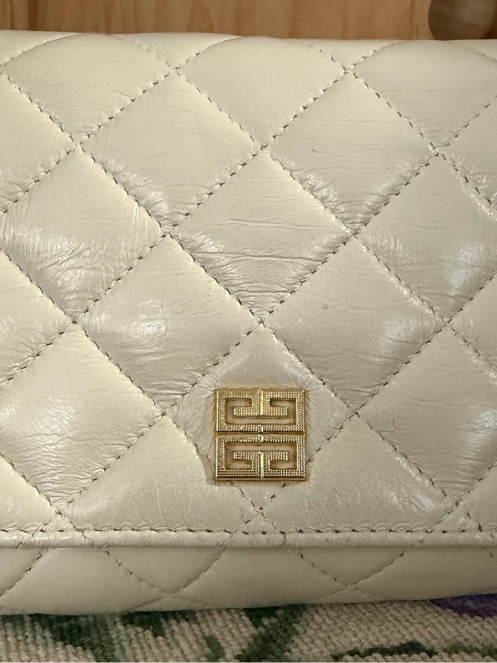 Givenchy Quilted Cream Leather Fold-Over Clutch with Gold Square Logo